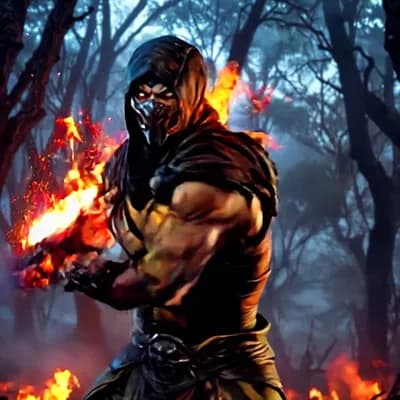 AI generated video: Skorpió, egy fekete-sárga ruhát viselő álarcos ninja, egy lánccal megkötött lángoló kunait dob ​​át ...