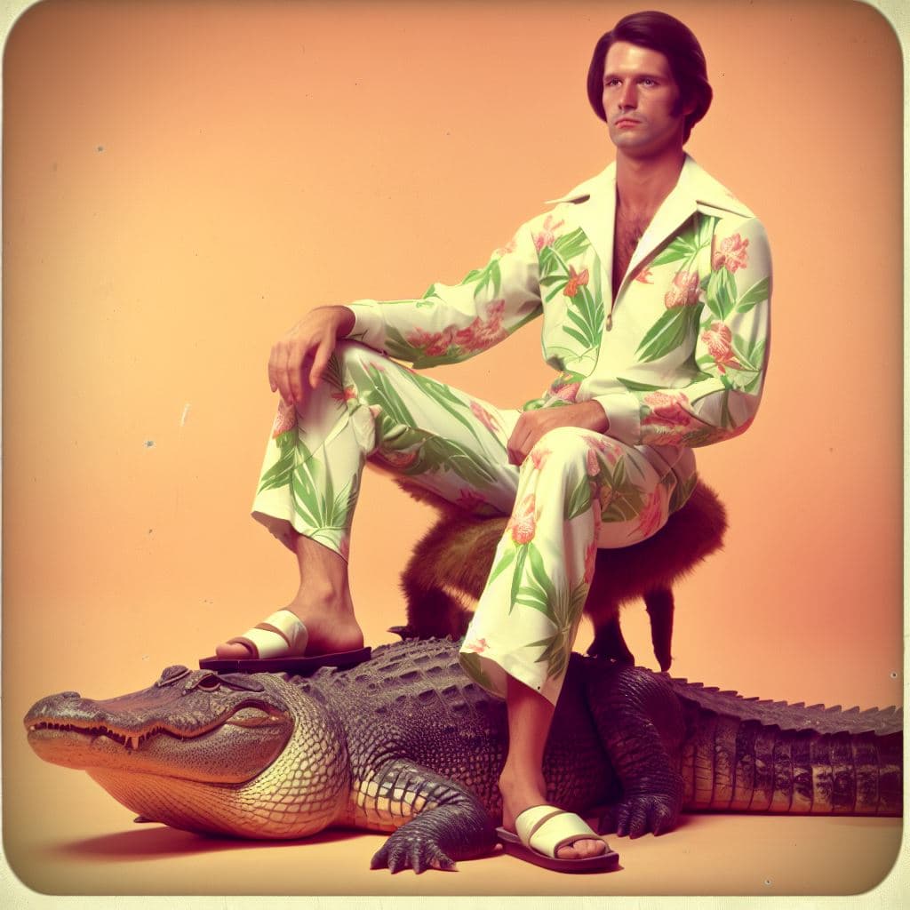 AI generated: In the style of a 1970's vintage JC Pennys catalogue, a Florida man seated on a stuffed alligator we...