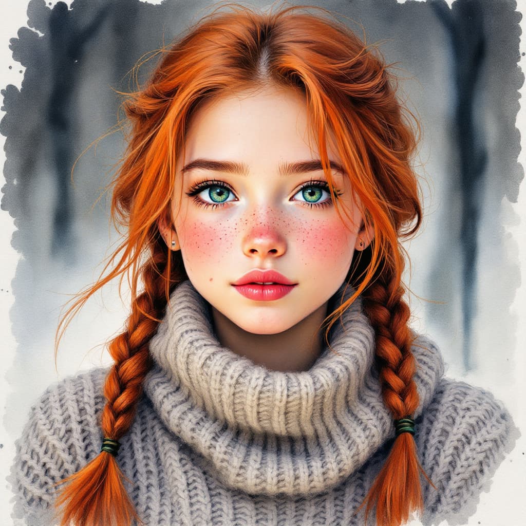 AI generated: water color painting portrait of a young asian girl with braided red hair, freckles, and piercing gr...