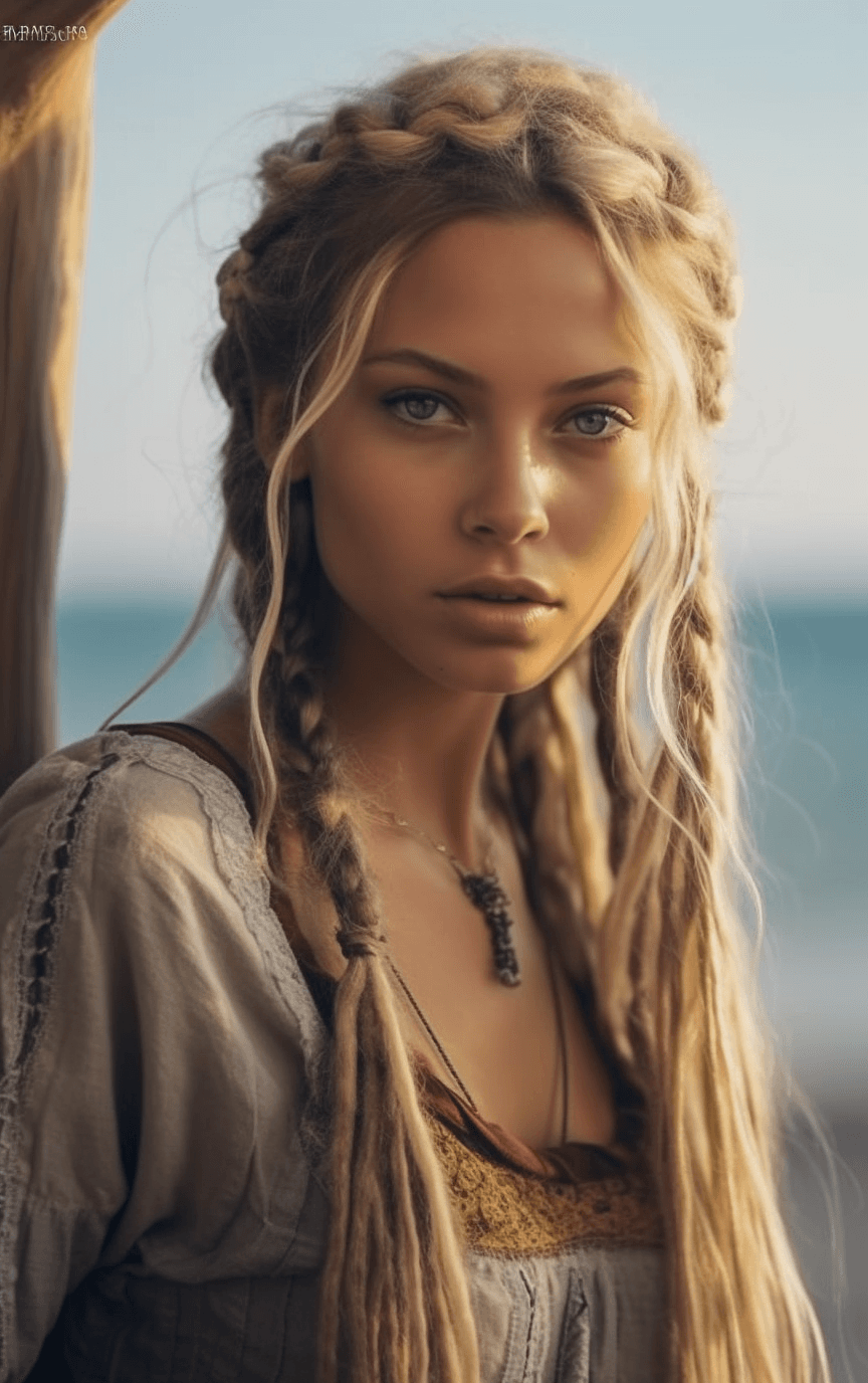 AI generated: A hippie woman with beautifully braided hair. naturally cute. portrait photo by the sea, dynamic pos...