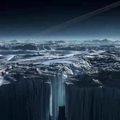 AI generated video: Wide angle view, camera moves across icy planet then pans to the left 
