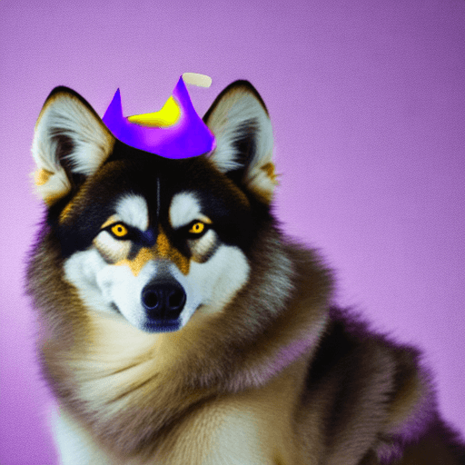 AI generated: photography, upper body, yellow hue, siberian huskey, solid purple backdrop, yellow eyes detailing, ...