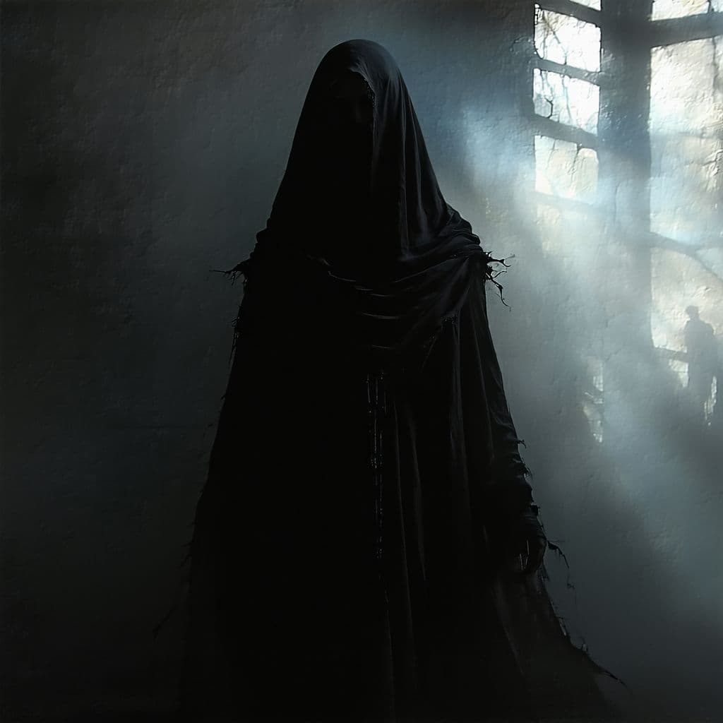 AI generated: A mysterious shadow weaver, her form blending into the very shadows she manipulates, where her cloth...