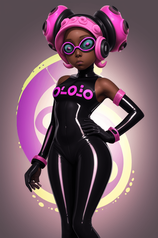 AI generated: octoling, hypnotize, dark skin, latex, female, visor, exposed upper leg, Spiral, Splatoon, full body...