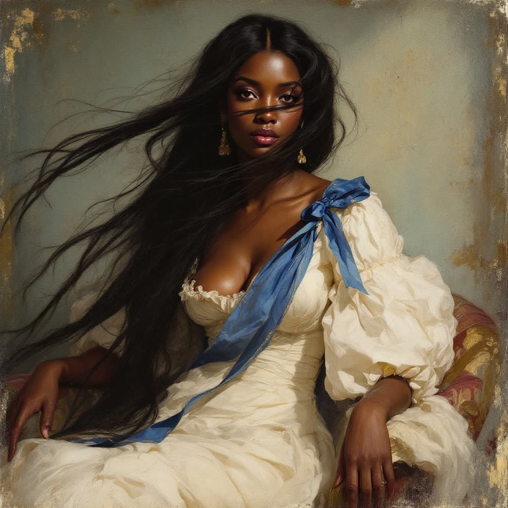 AI generated: Oil painting portrait of a black queen, full-body shot, long hair in the wind, blue ribbon on her sh...