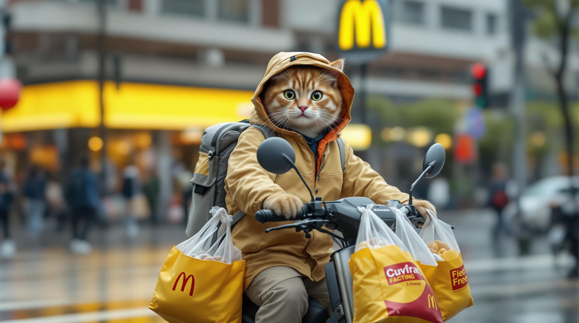 AI generated: Photography, realistic, a cute cat wearing a McDonald's delivery uniformis riding an electric scoote...