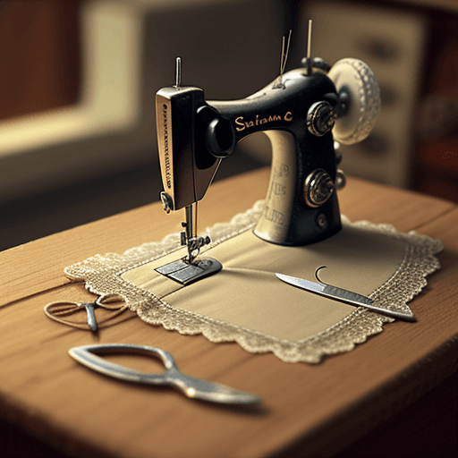AI generated: sewing machine, threads, fabrics, lace, scissors, needles, beads, thimble, realism