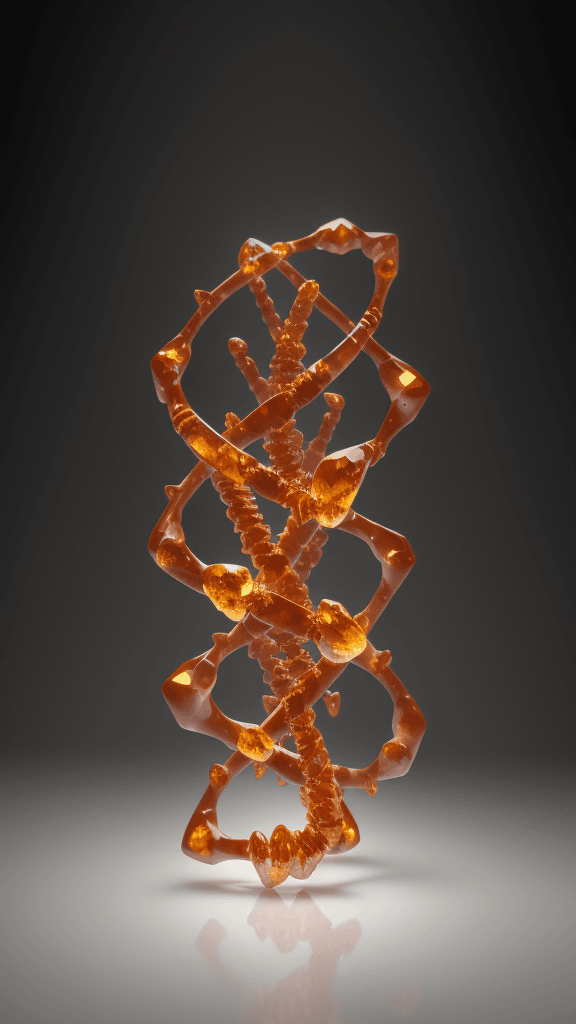 AI generated: render of a DNA molecule L shaped made of bones and amber, hyper realistic, 4k, artistic, ultra deta...