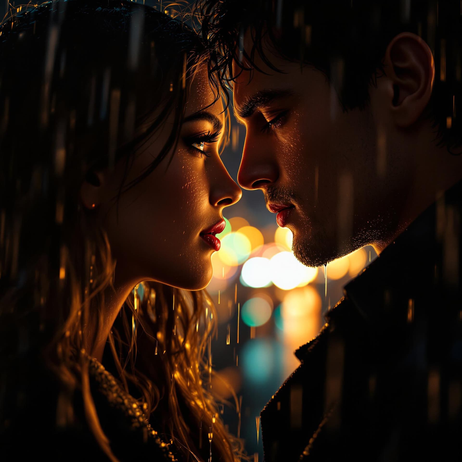 AI generated: Close-up of two lovers standing in the rain at night, inches apart but not touching, lips slightly p...