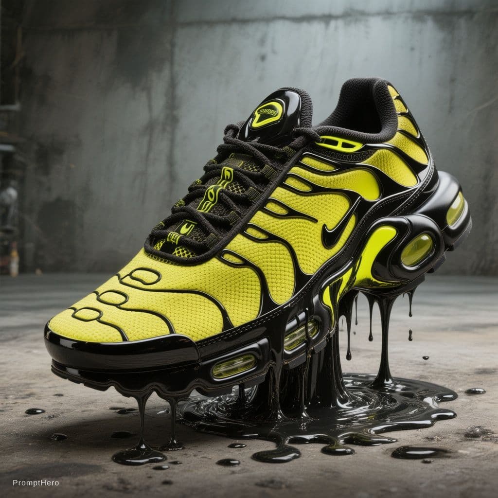 AI generated: amazing ad for air max plus black with bright phosphorescent yellow accents, the sneaker comes out o...