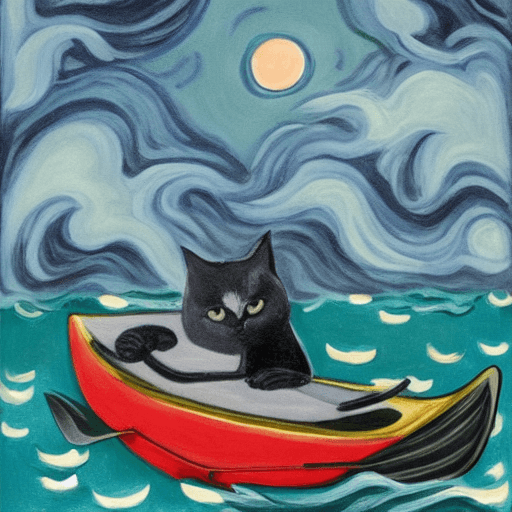 AI generated: Tove Marika Jansson style : : storm, night,
one black scared cat in a kayak : : --hd