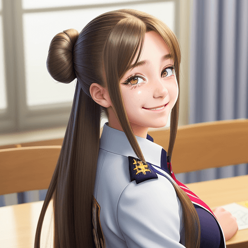 AI generated: Beautiful highschool girl in uniform turns around with a smile with tears, long hair in buns, anime,...