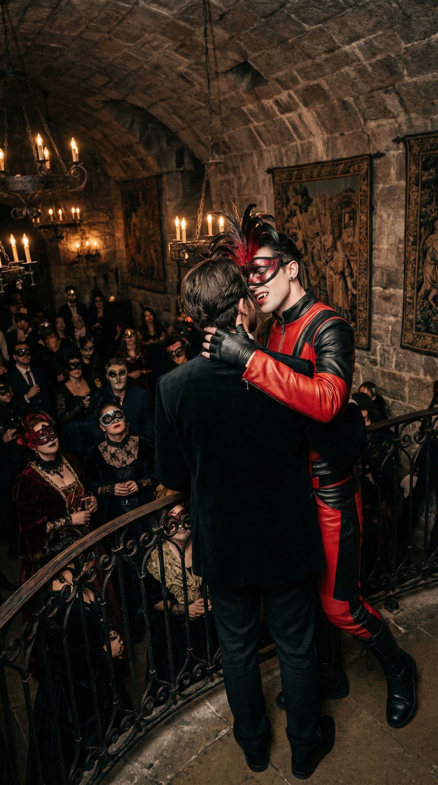 AI generated: a tense, high-stakes encounter at a secret, underground vampire masquerade ball. myself is captivate...