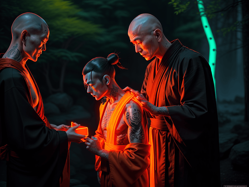 AI generated: old buddhist monk master teaches a 26 year old cyberpunk buddhist with tattooed black hair, on a mou...