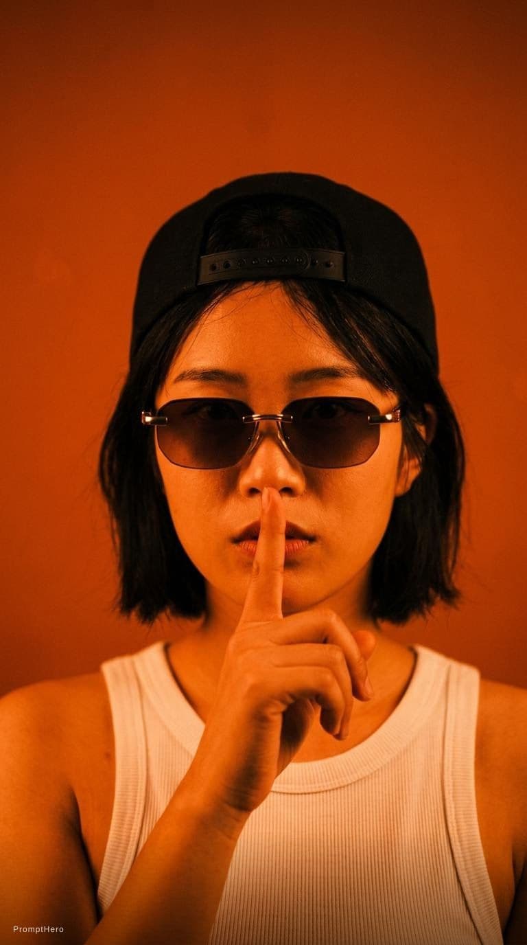 AI generated: photography, orange hue, korean woman model, solid orange backdrop, using a camera setup that mimics...