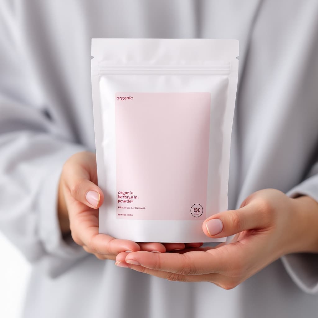 AI generated: Product Mockup of organic betalain packaging  in hands being held, 
modern design, sleek, minimal br...
