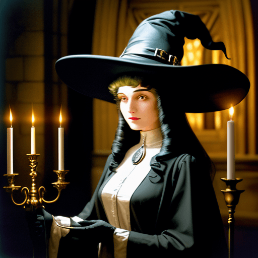 AI generated: stylish witch hat, woman, night time, woman holding a Candelabra with lit candles, art deco, inside ...