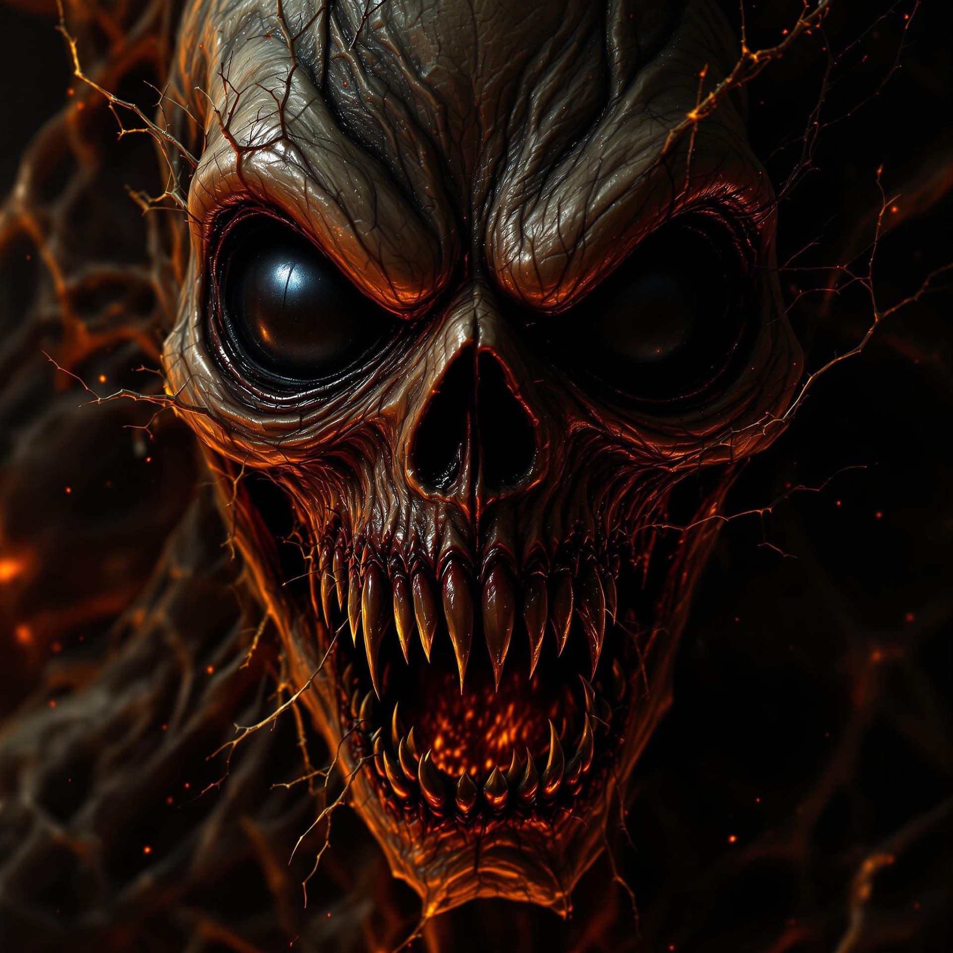 AI generated: the personified face of immortal evil and horror;  the panic inducing huge blackholish eyes take mai...