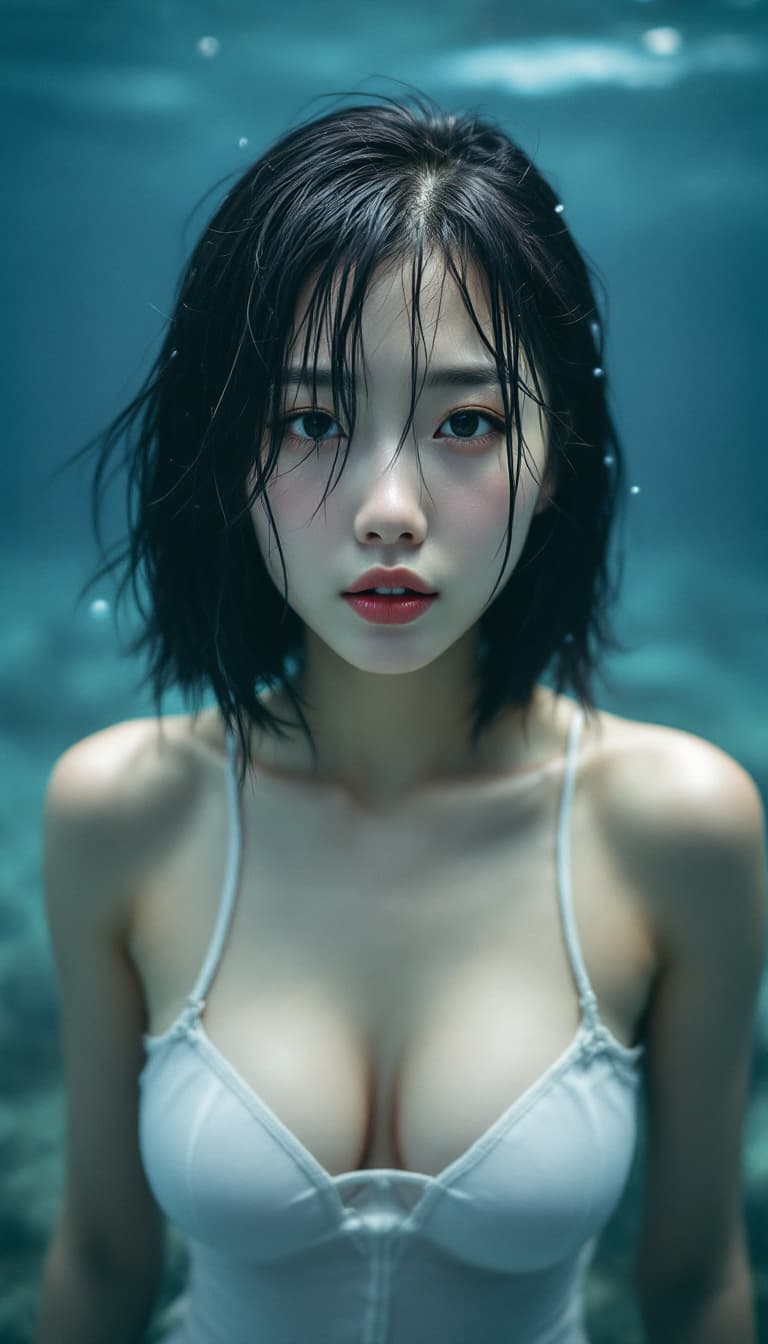 AI generated: High resolution image. Korean woman in white freediving suit. Wet bob hair.