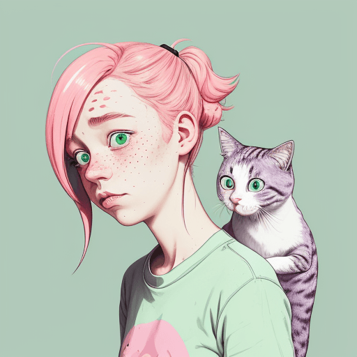AI generated: An illustration of a quirky girl with pink hair, in the style of Flat shading, Gemma Correll, with f...