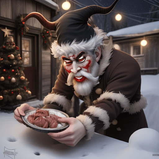 AI generated: krampus in un vicolo,che sta mangiando della carne cruda vicino ad una persona che sta dormendo,di c...