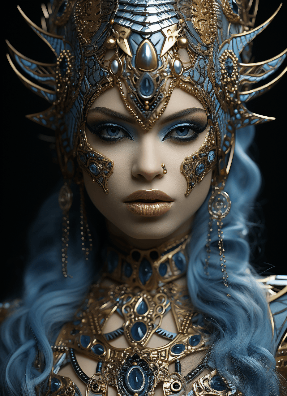 AI generated: a girl with makeup and an armor on her face, in the style of dark beige and dark azure, desertwave, ...