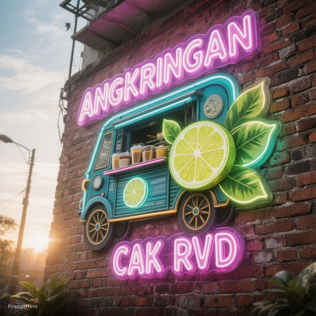 AI generated: A neon sign on a brick wall and a bright sky, depicts an cofee cart, decorated with lime and leaves,...