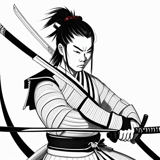 AI generated: Samurai with katana, linear drawing, thick contours, white background, flat art, line art, lines, {f...