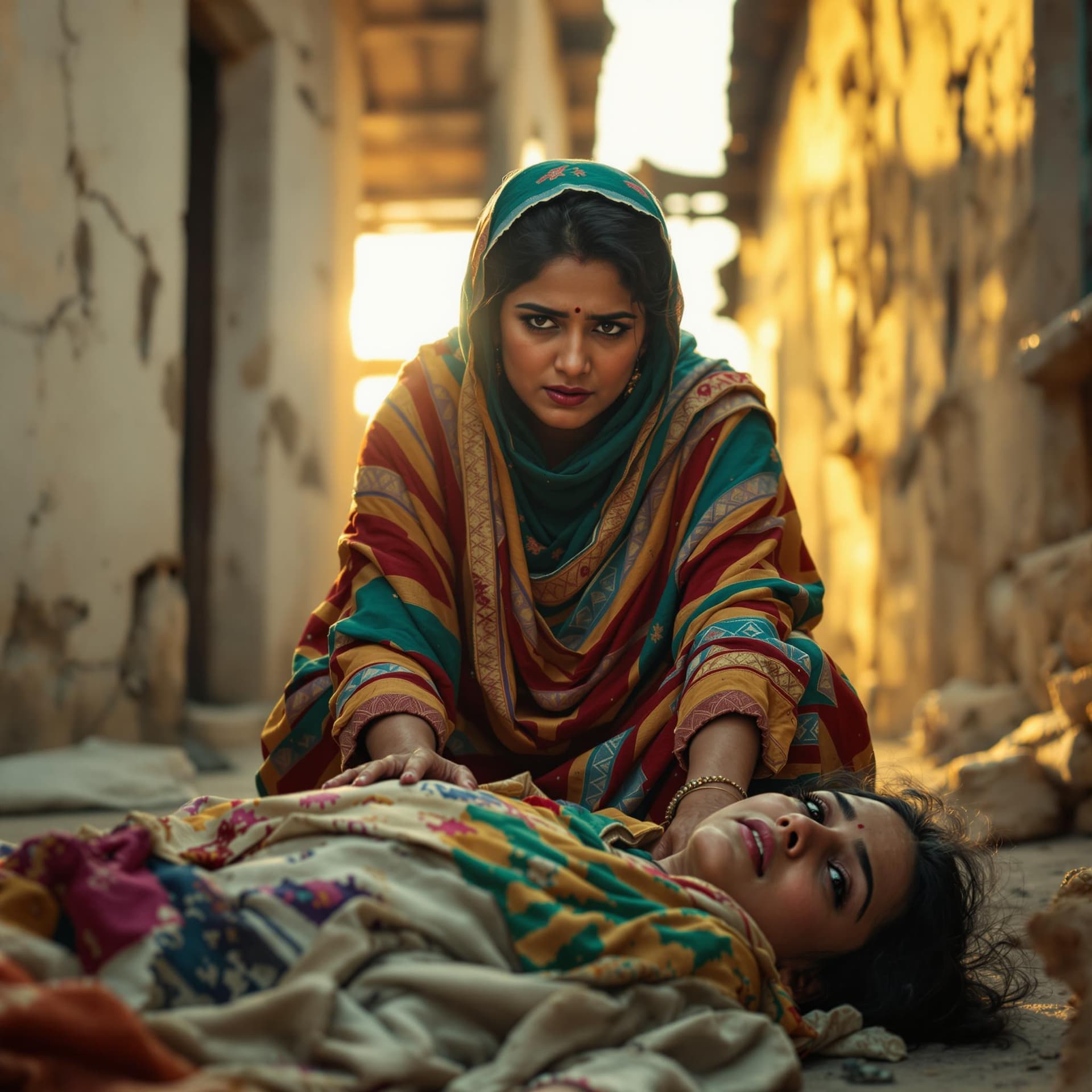 AI generated: A 25-26-year-old woman, Rabia, with a stern and authoritative expression, standing over a young girl...