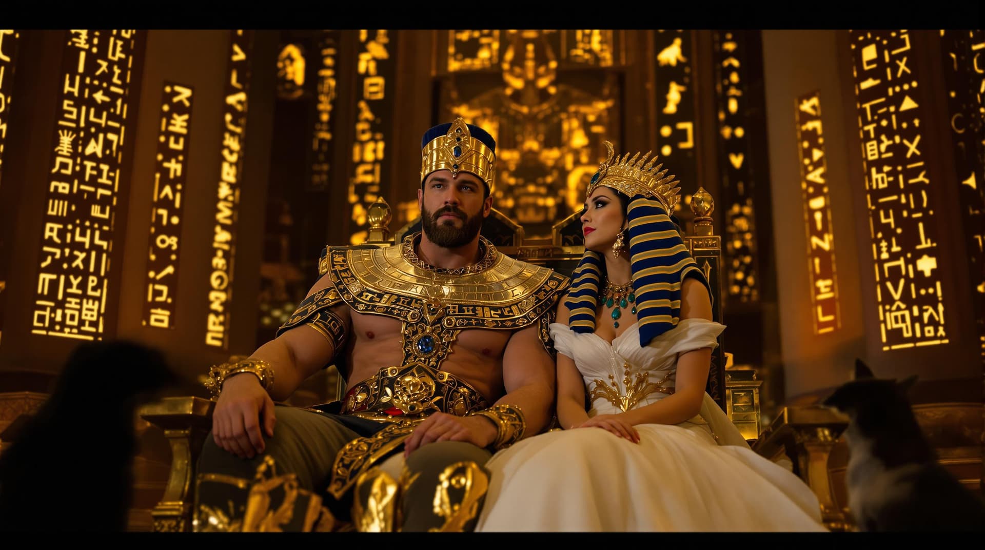 AI generated: In the grand hall of an ancient Egyptian temple, 
a Norse Viking worrior king (bodybuilder, resplend...