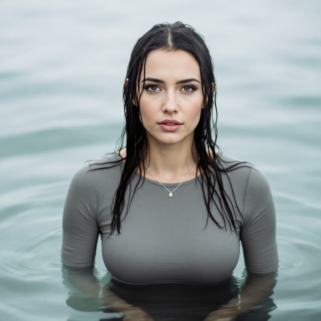 AI generated: The image features a person in a body of water, with wet hair cascading down. They are wearing a fit...
