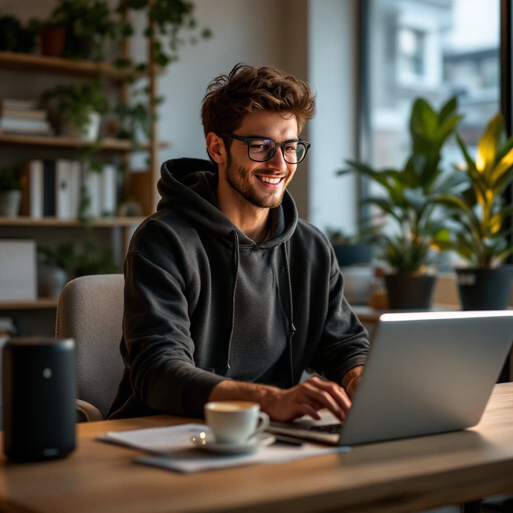 AI generated: A young tech bro in his modern home office, working on a sleek laptop. He wears stylish eyeglasses a...
