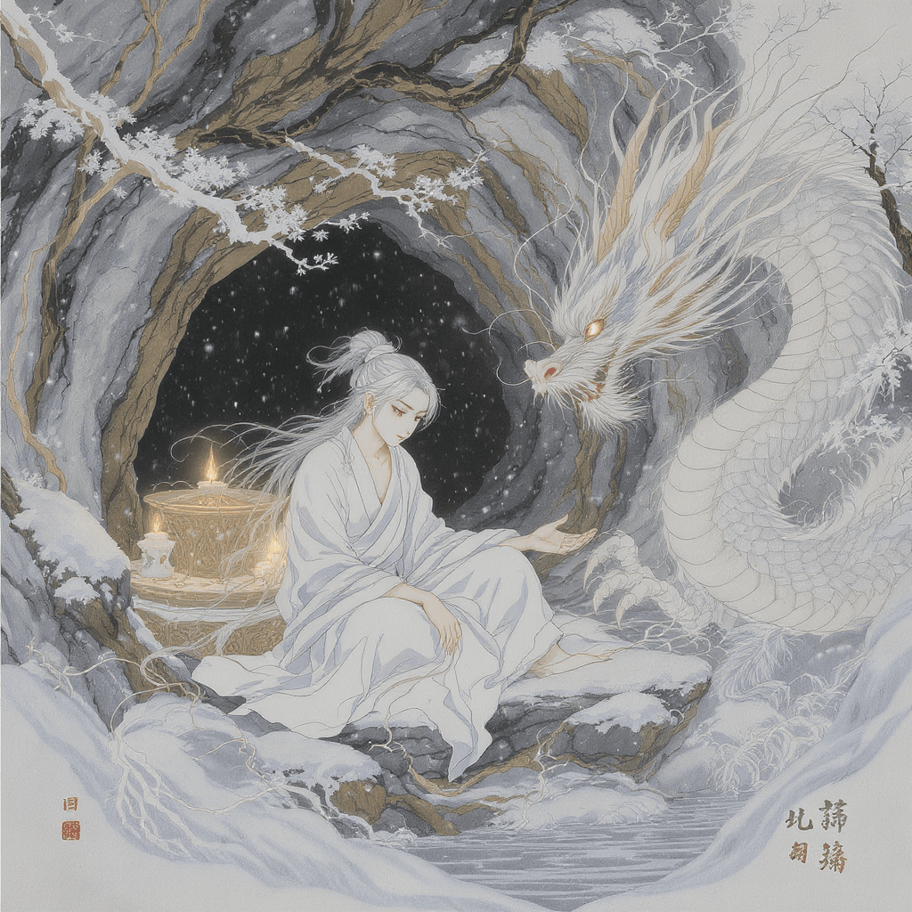 AI generated: a Chinese boy with white hair living in a cave, a celestial being, wears white Daofu, has a headband...
