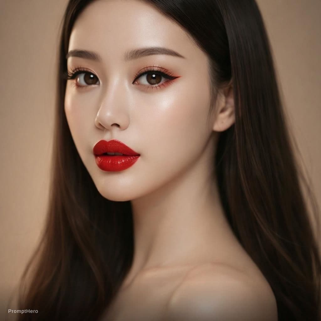 AI generated: Full lips, thick lips, round lips, beautiful idol face, long hair, brown eyes, red lipstick, details...