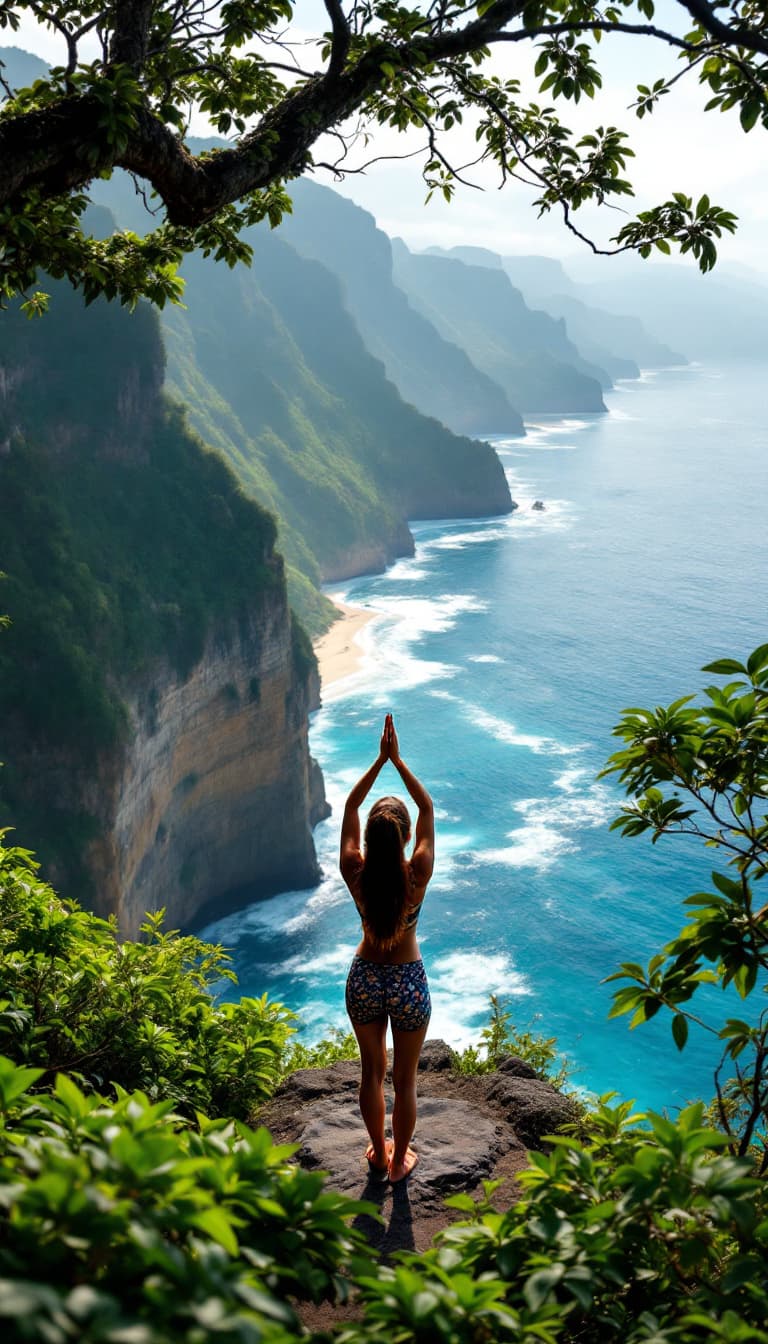 AI generated: view from the mountains to the incredibly beautiful sea in Bali, high detail, trees are green, and i...