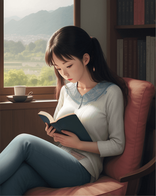 AI generated: <lora:puuung:1> puuung, woman reading a book, house