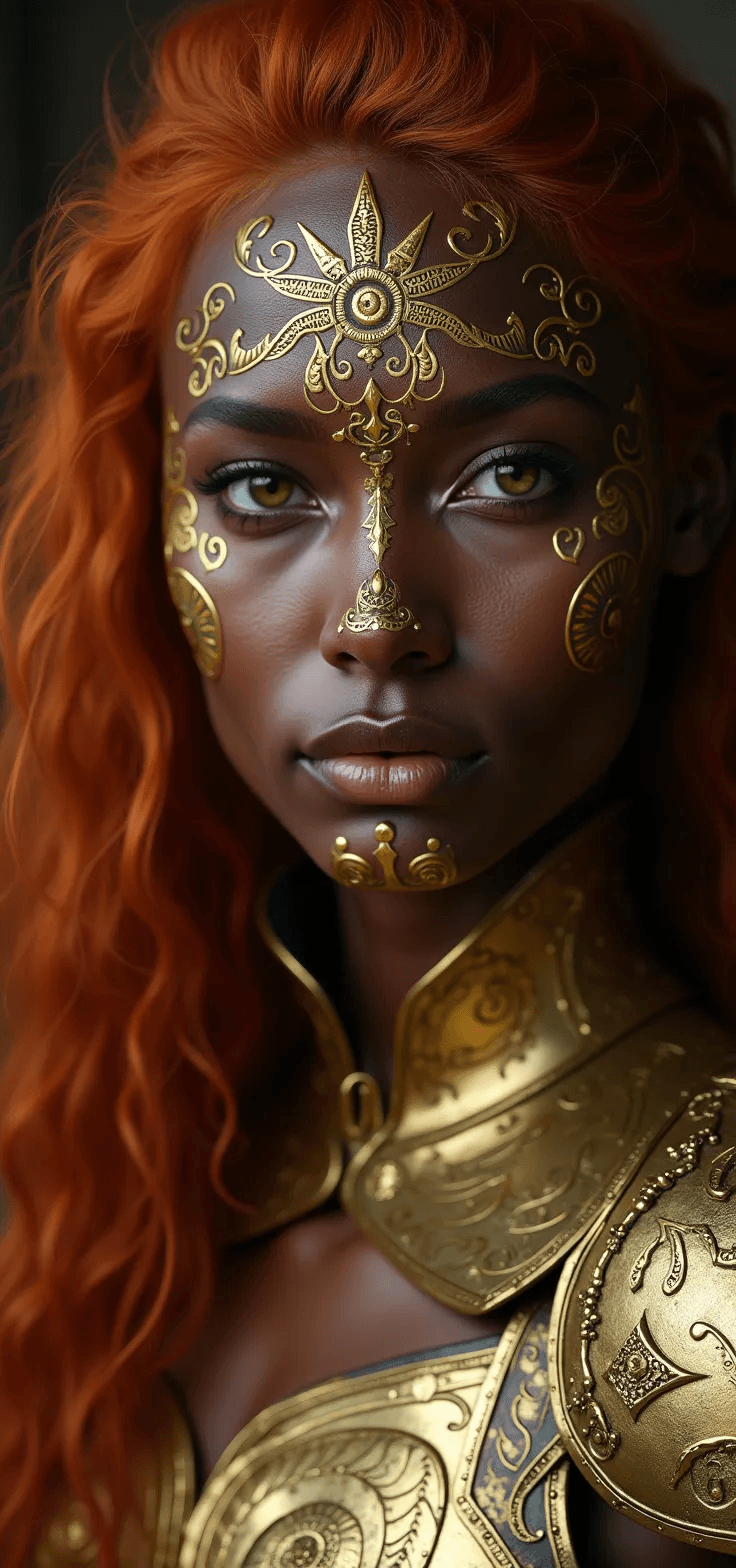 AI generated: photorealistic portrait of a woman in golden medieval armor, fine realistic red hair, attractive, lo...