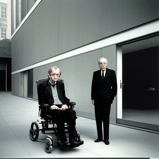 AI generated: Hyper realistic eye level exterior photo of stephen hawking, with his best friend jeffrey epstein, d...