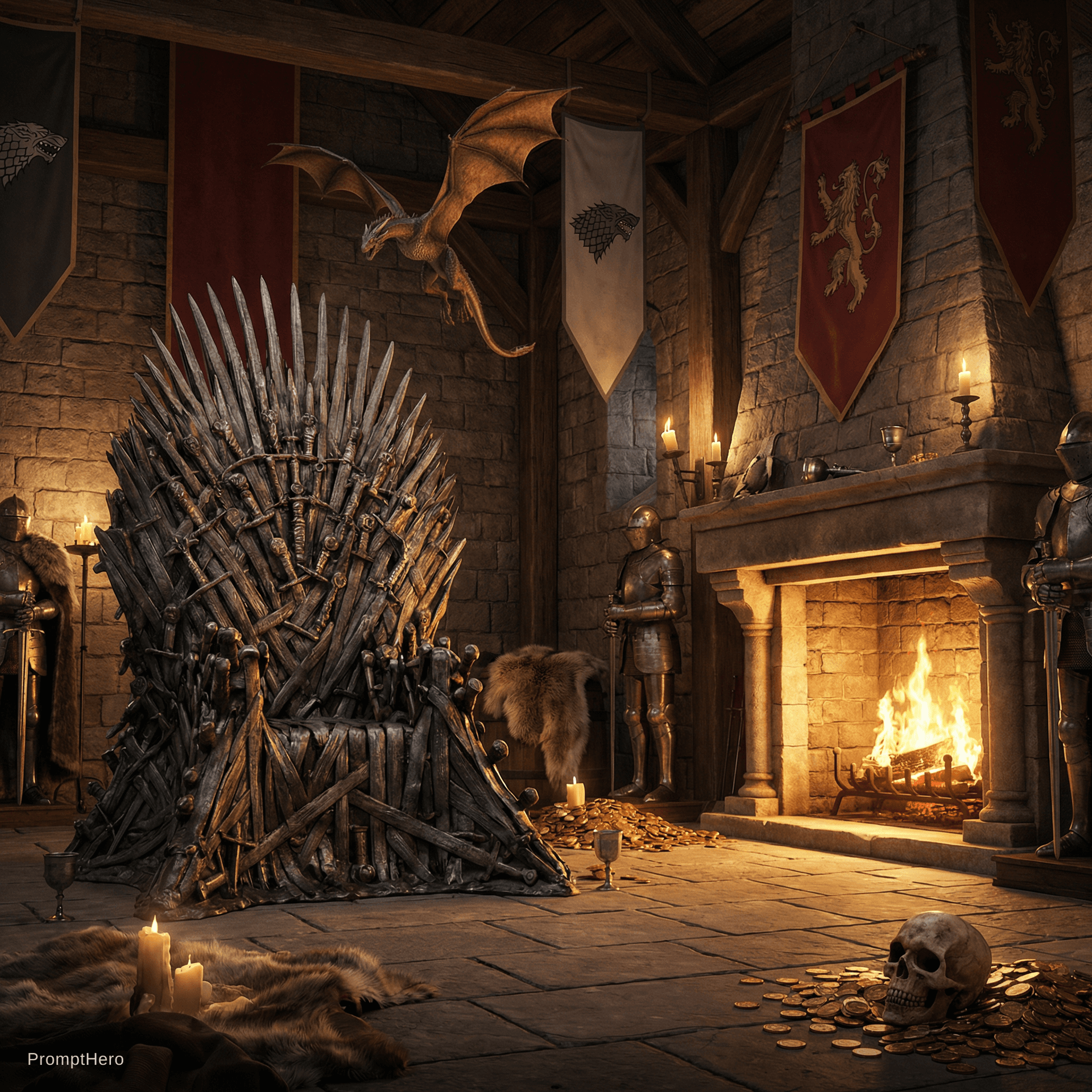 AI generated: CREAR UN ESCENARIO EN EL INTERIOR DE UN CASTILLO DE JUEGO DE TRONOS CON CHIMENEA ENCENDIDA Y UN LUGA...