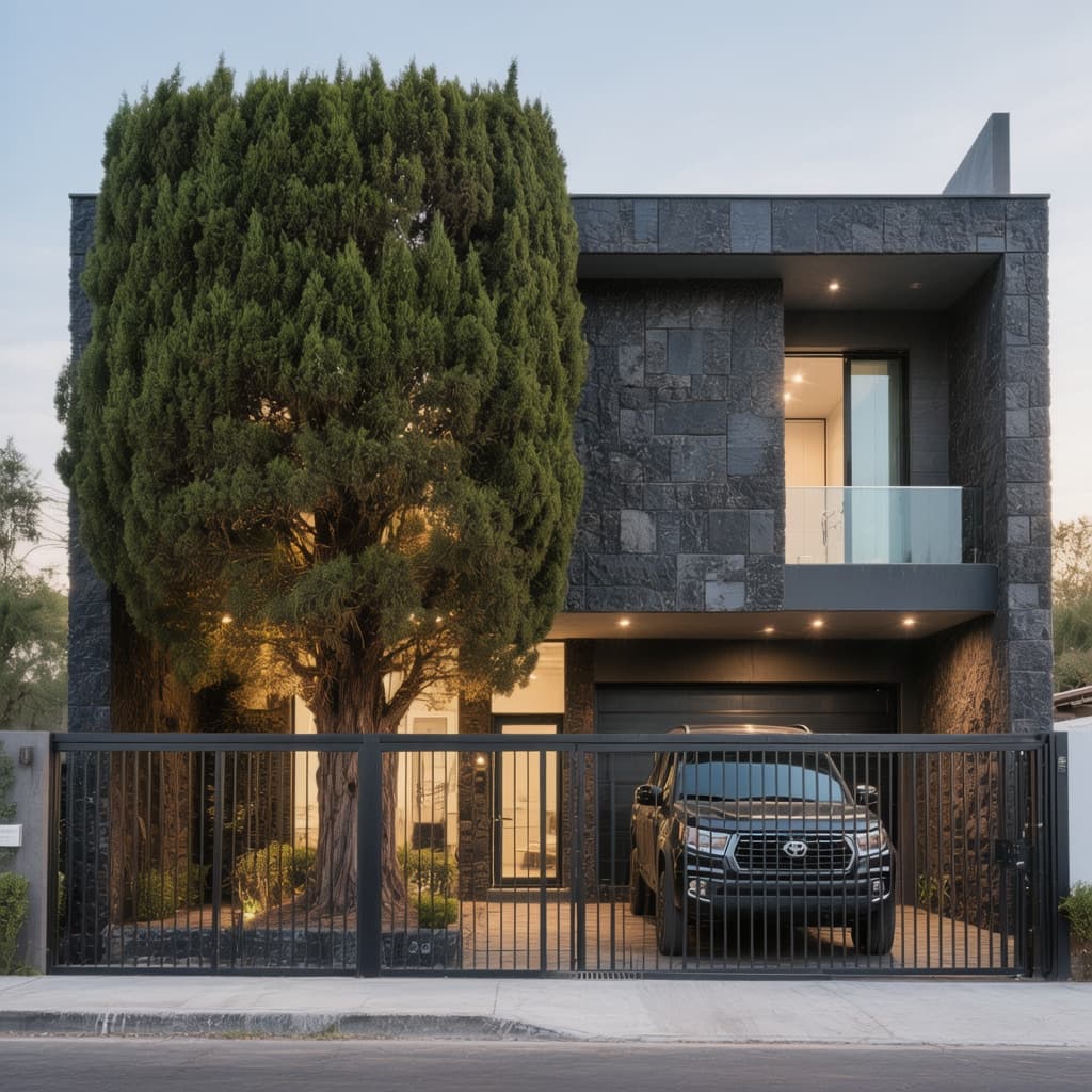 AI generated: Modern two-story house facade, 6 meter wide lot, bold contemporary Mexican architecture.
Full-width ...