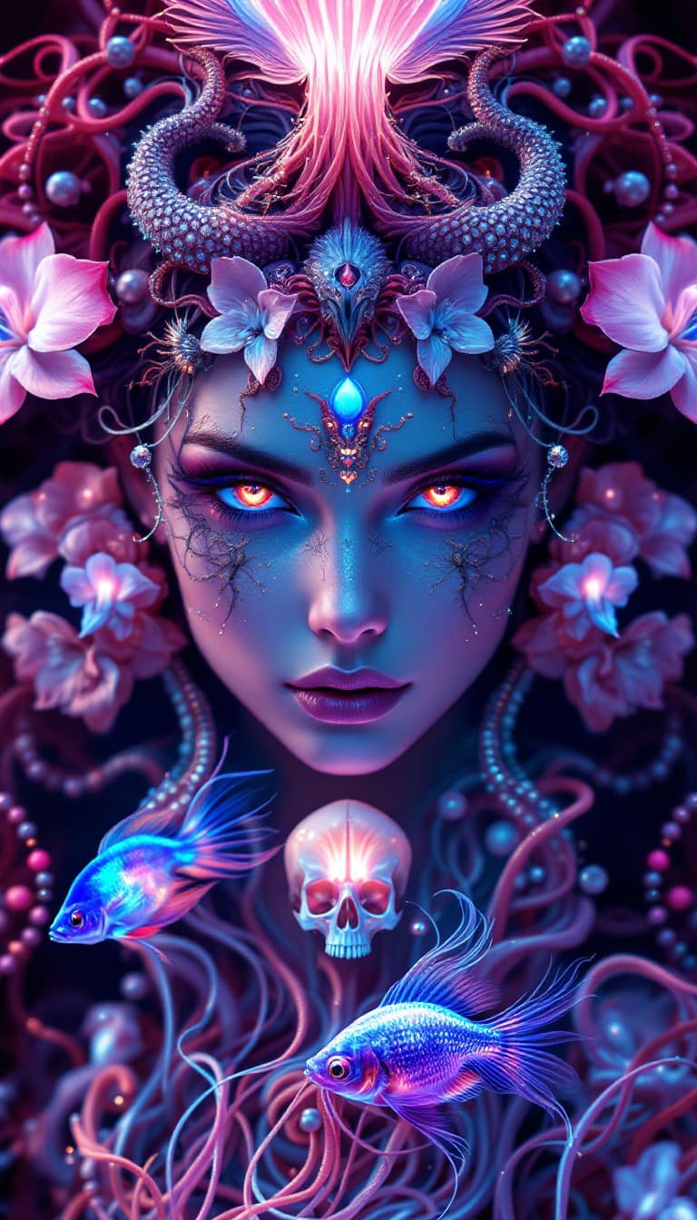 AI generated: Goddess close-up portrait ribcagel. jellyfish phoenix head, nautilus, orchid, skull, betta fish, bio...