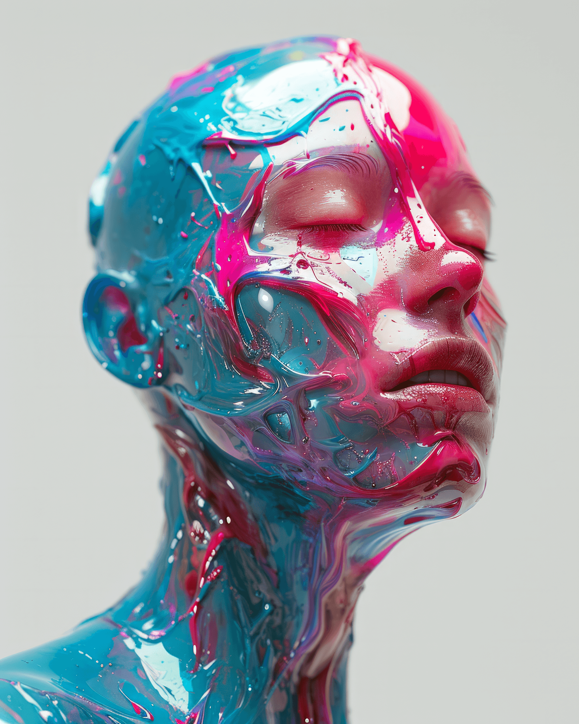 AI generated: three quarter portrait of the blue body with pink face is covered in fluids, in the style of futuris...