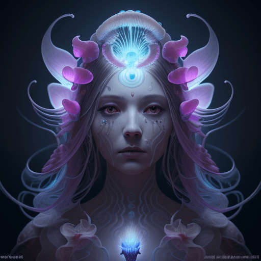 AI generated: Goddess close-up portrait ribcagel. jellyfish phoenix head, nautilus, orchid, skull, betta fish, bio...