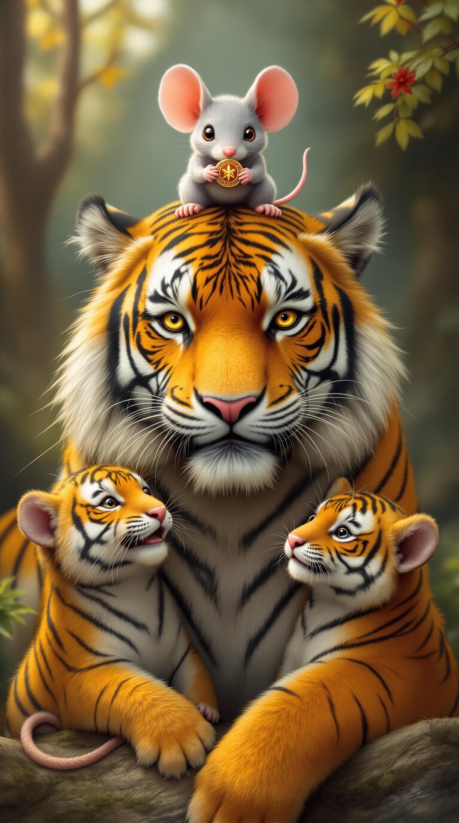 AI generated: a tiger and two tiger cubs, and a oversized mouse ,with a mouse on the tiger's head, the mouse holdi...