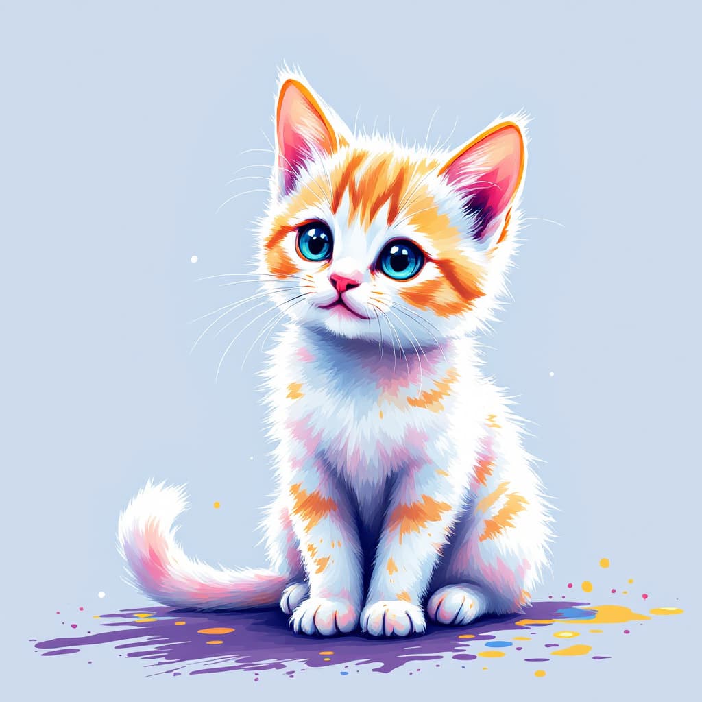 AI generated: A realistic sketch of a sweet little cat sitting on the ground, delicate, very basic drops and splas...
