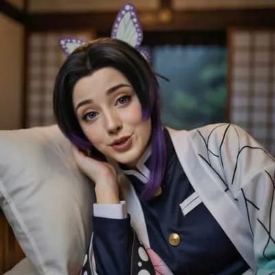 AI generated video: "POV em primeira pessoa: forte e bonita shinobu kocho de demon slayer carrega uma missão em seu cora...