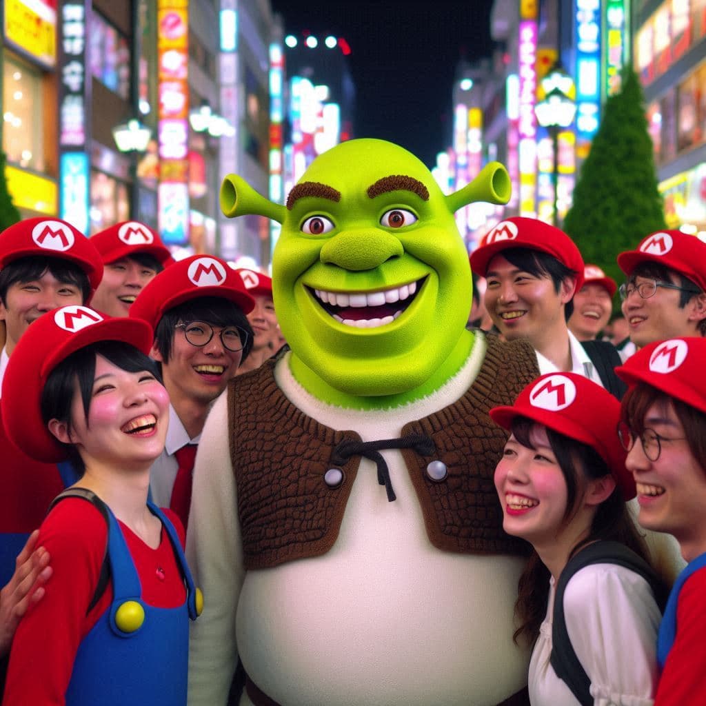 AI generated: 
Shrek con cara perturbadora, está siendo el centro de atención, hace guarrerias, la gente tienen t...