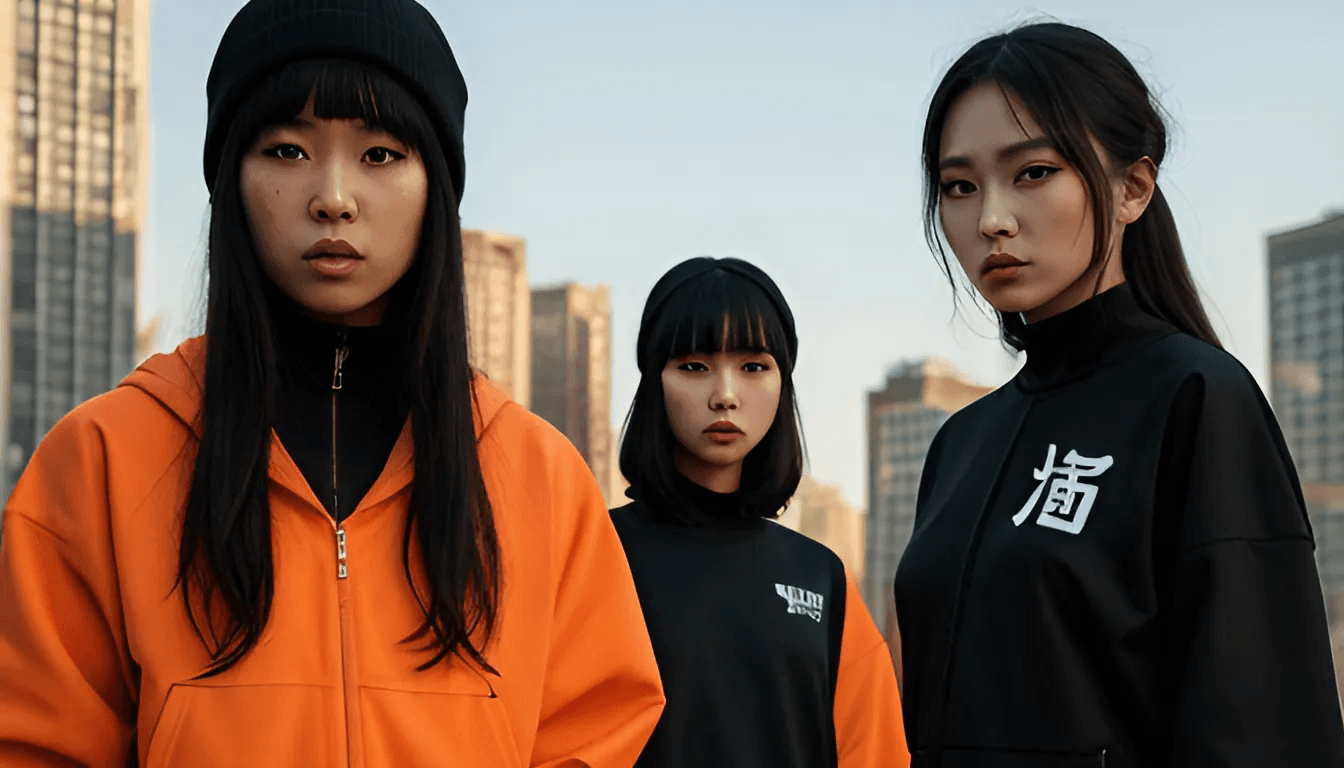 AI generated: Masterpiece, Full_body, 3_women, futuristic, high-tech_clothing, urban, streetwear, kanji_characters...