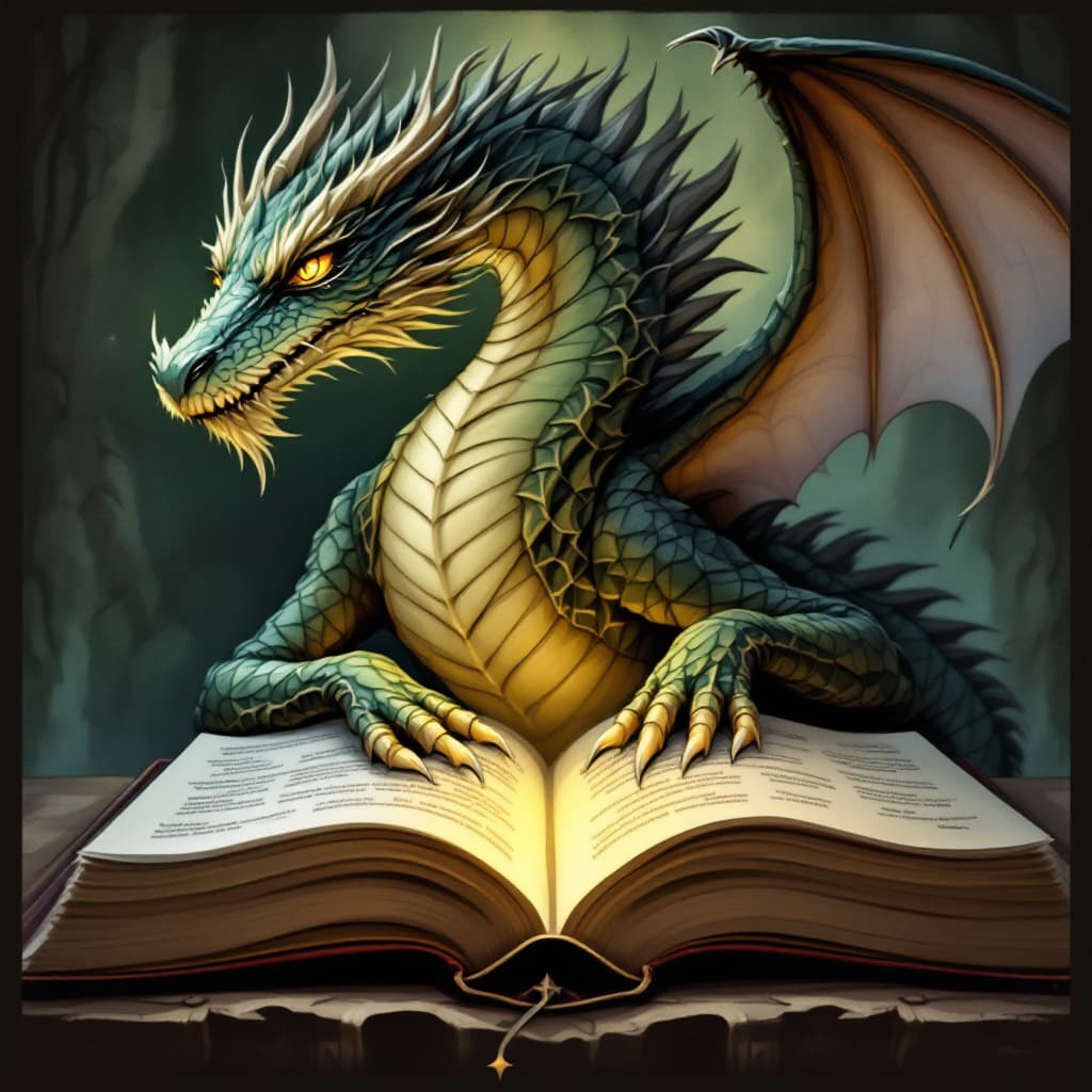 AI generated: a wise and beautiful book dragon in art nouveau style. gentle and handsome face with amber eyes catc...