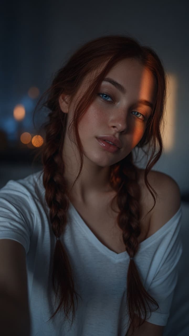 AI generated: A stunning young woman with striking blue eyes and long, rich auburn-reddish brown hair styled in tw...